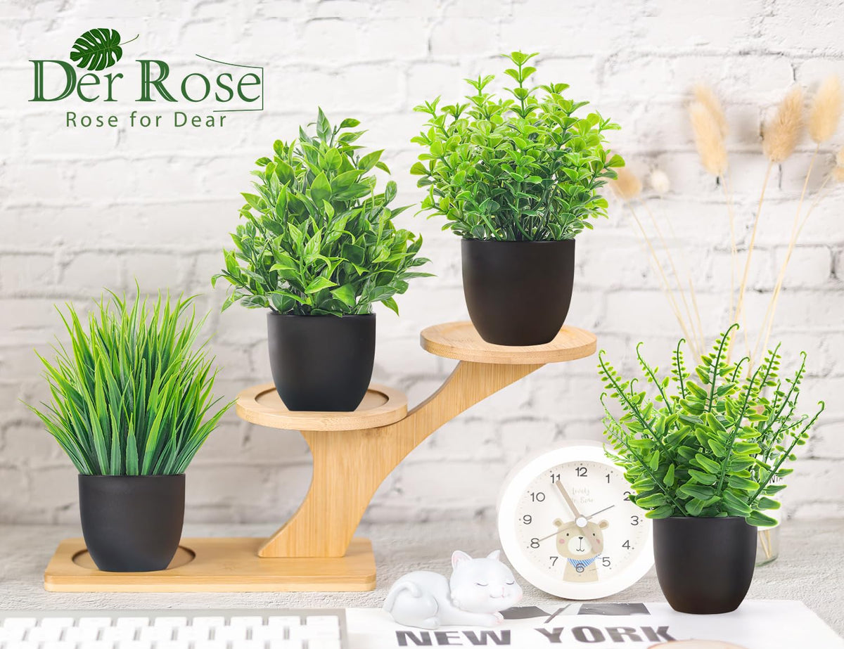 Der Rose 4 Pack Mini Fake Plants in Black Pots, 7" Bathroom & Desk Decor