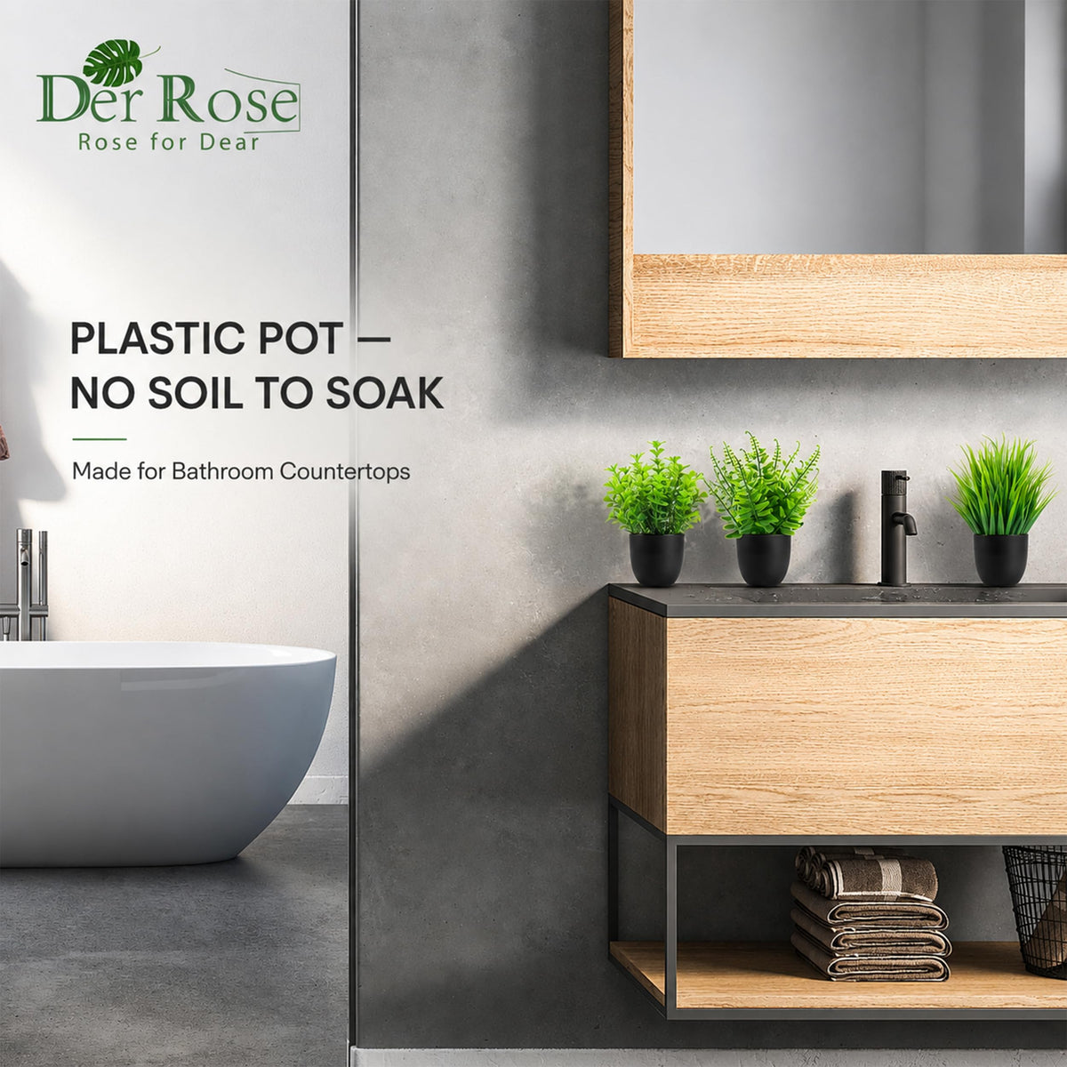 Der Rose 4 Pack Mini Fake Plants in Black Pots, 7" Bathroom & Desk Decor