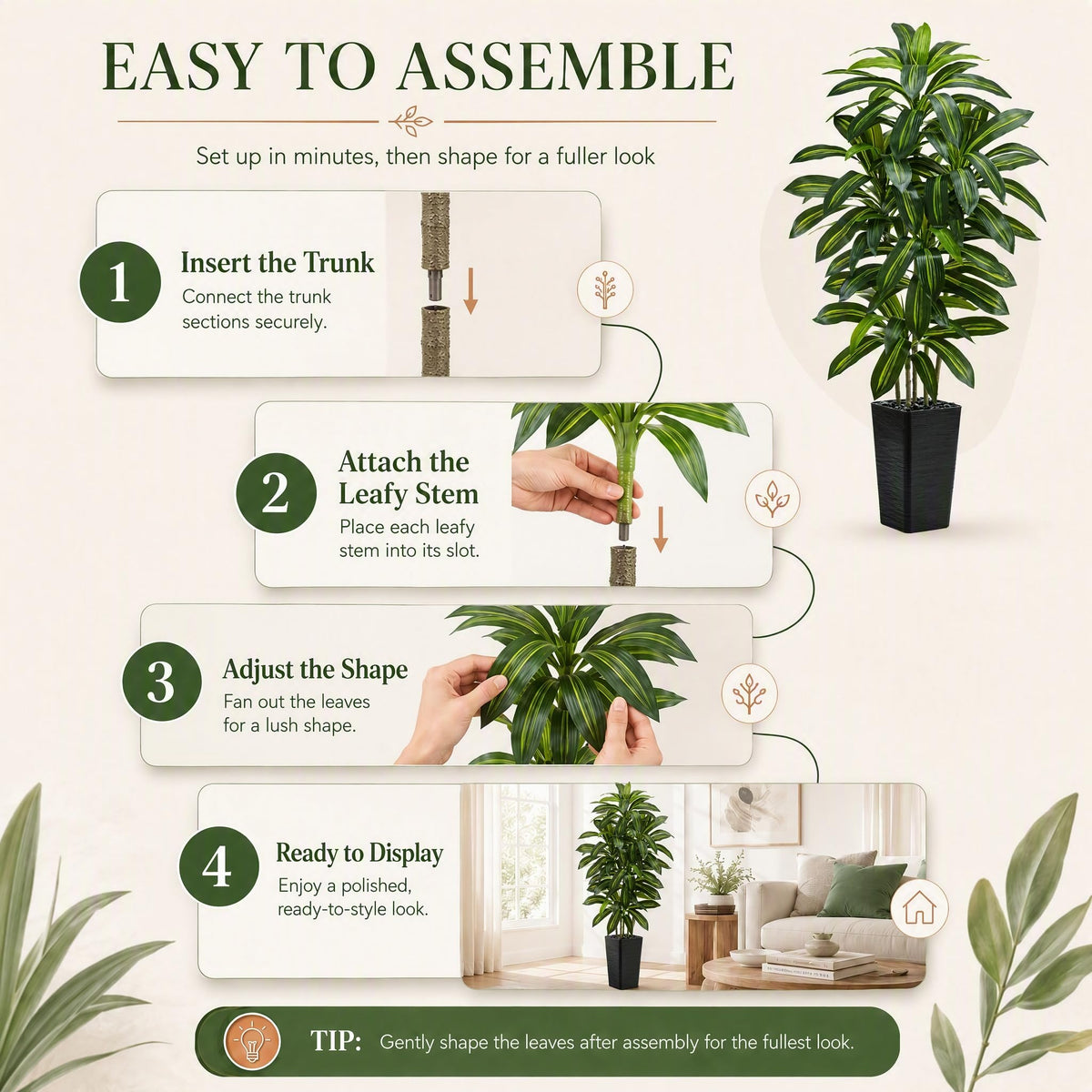 TNGGNT Artificial Dracaena Tree: 5FT Fake Plants Silk Faux Trees（Black Pot）
