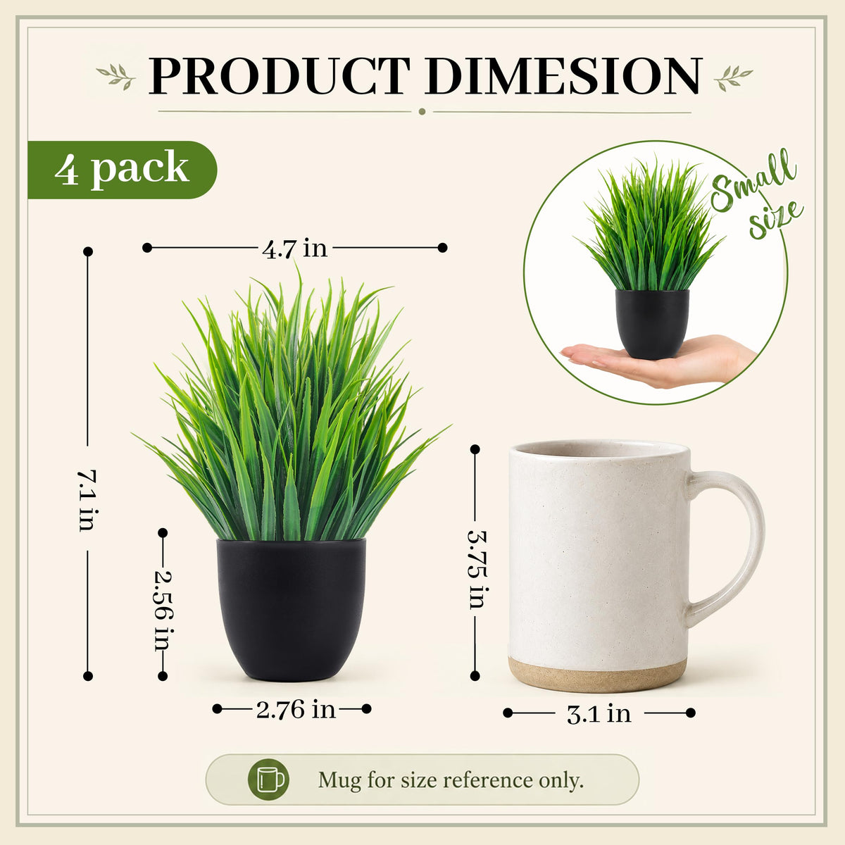 Der Rose 4 Pack Mini Fake Plants in Black Pots, 7" Bathroom & Desk Decor