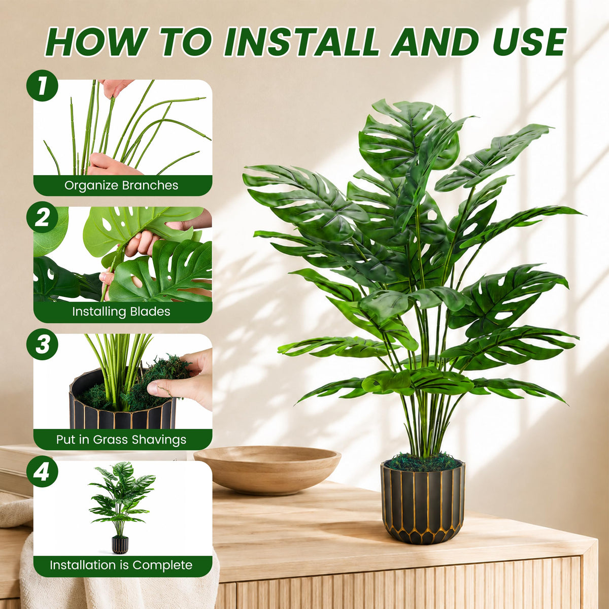 Der Rose 28" Fake Plants, Monstera Plant in Black Gold Pot for Home Decor