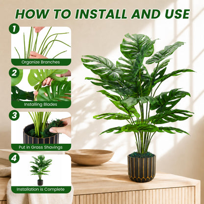 Der Rose 28" Fake Plants, Monstera Plant in Black Gold Pot for Home Decor