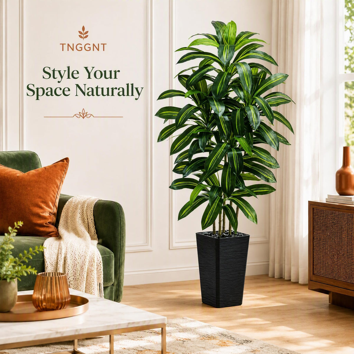TNGGNT Artificial Dracaena Tree: 5FT Fake Plants Silk Faux Trees（Black Pot）