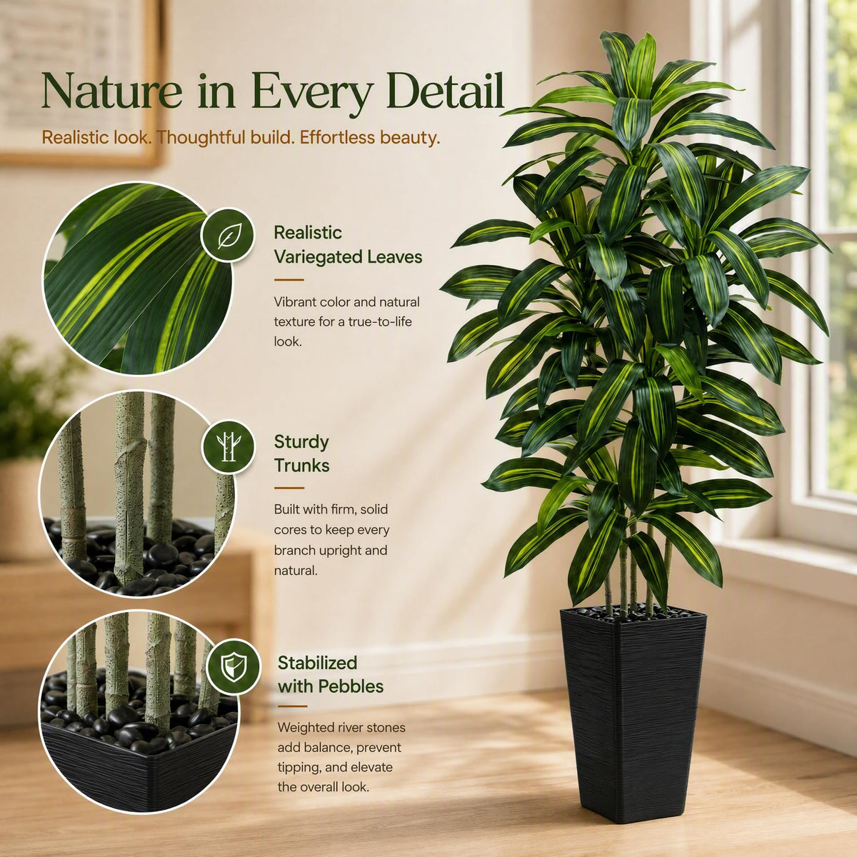 TNGGNT Artificial Dracaena Tree: 5FT Fake Plants Silk Faux Trees（Black Pot）