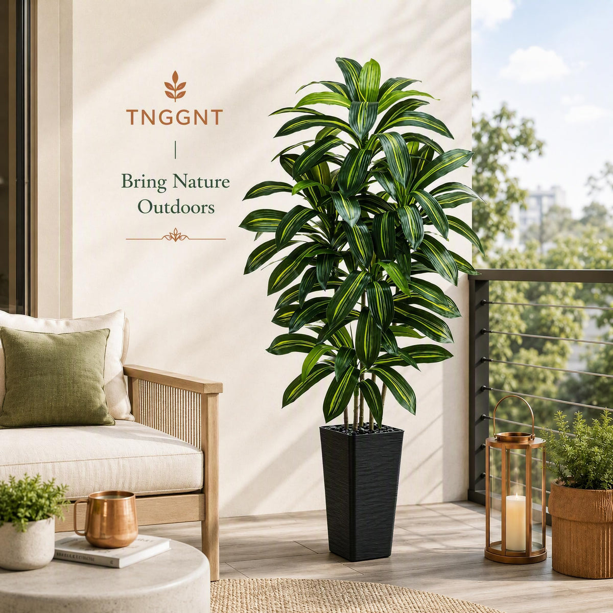 TNGGNT Artificial Dracaena Tree: 5FT Fake Plants Silk Faux Trees（Black Pot）